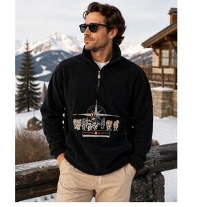 Bogner Fleece Pullover Mens L Black 1/4 Zip Embroidered Husky Dog Sled USA